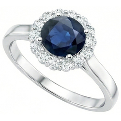 Bague Saphir Bleu Ceylan Diamant Naturels Extraits des Mines ( et non cultivés en laboratoire ) Rond 2.45 Carats Or Blanc 14K