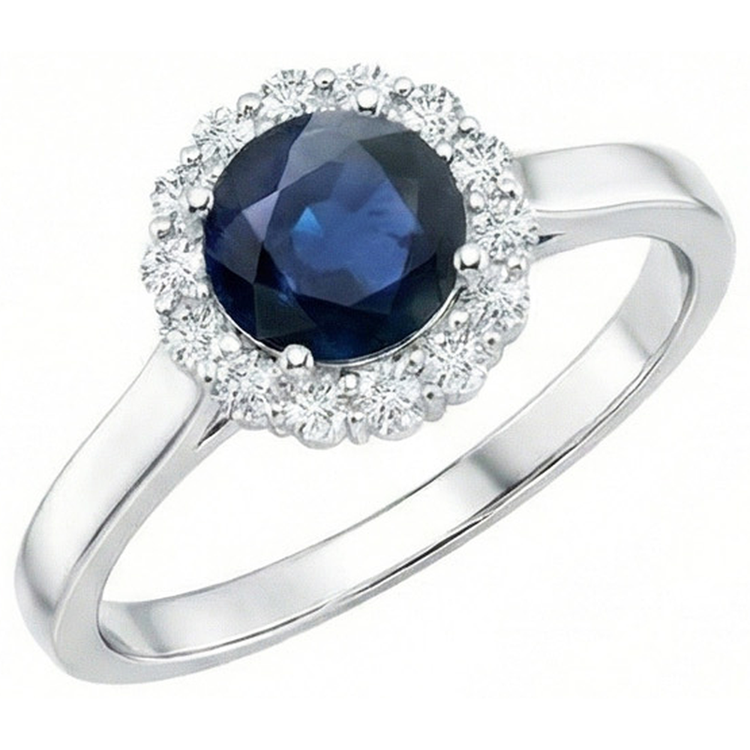Bague Saphir Bleu Ceylan Diamant Naturels Extraits des Mines ( et non cultivés en laboratoire ) Rond 2.45 Carats Or Blanc 14K