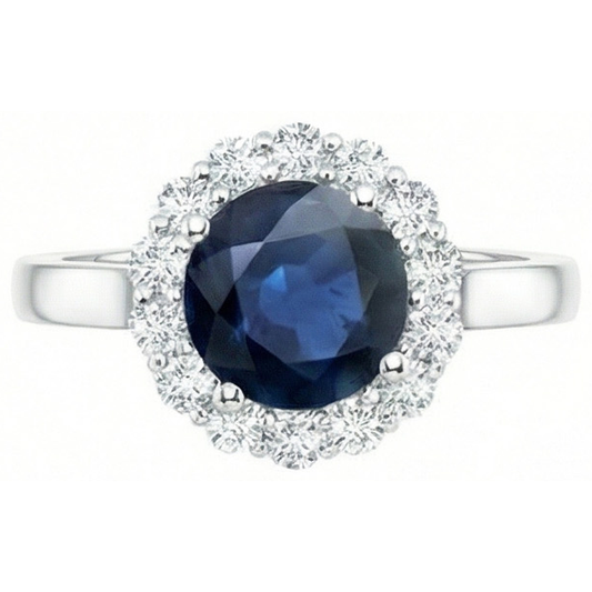Bague Saphir Bleu Ceylan Diamant Naturels Extraits des Mines ( et non cultivés en laboratoire ) Rond 2.45 Carats Or Blanc 14K