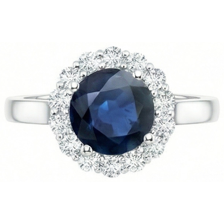 Bague Saphir Bleu Ceylan Diamant Naturels Extraits des Mines ( et non cultivés en laboratoire ) Rond 2.45 Carats Or Blanc 14K