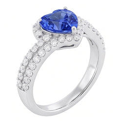 Bague Saphir Bleu Clair Halo Coeur 4.50 Carats Bijoux Double Tige