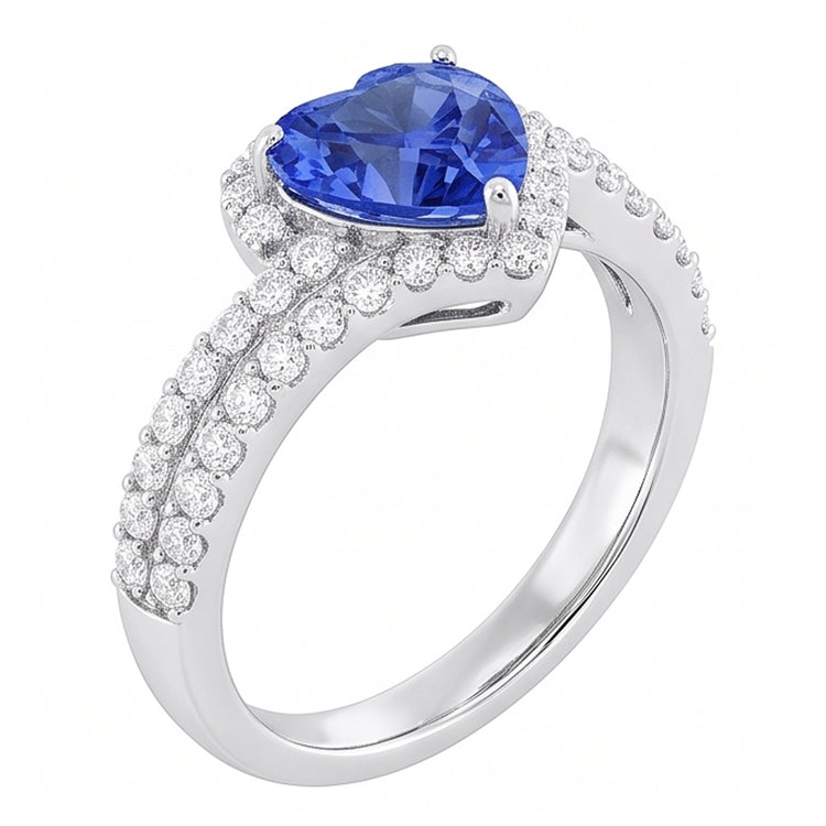 Bague Saphir Bleu Clair Halo Coeur 4.50 Carats Bijoux Double Tige