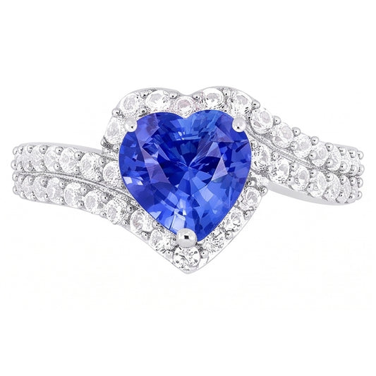 Bague Saphir Bleu Clair Halo Coeur 4.50 Carats Bijoux Double Tige