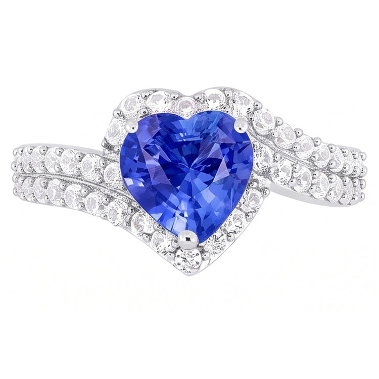 Bague Saphir Bleu Clair Halo Coeur 4.50 Carats Bijoux Double Tige