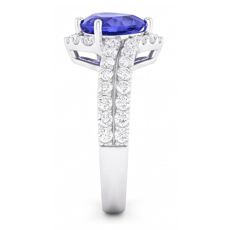 Bague Saphir Bleu Clair Halo Coeur 4.50 Carats Bijoux Double Tige