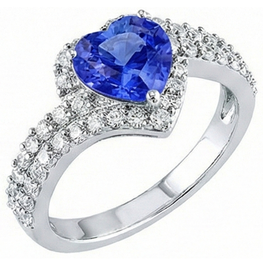 Bague Saphir Bleu Clair Halo Heart Double Tige Diamants 4 Carats