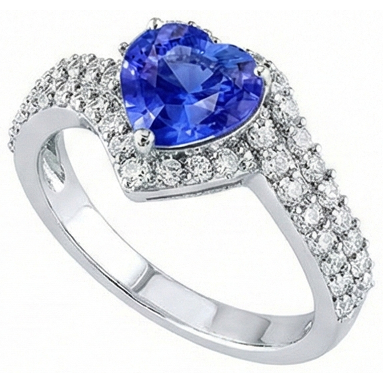 Bague Saphir Bleu Clair Halo Heart Double Tige Diamants 4 Carats