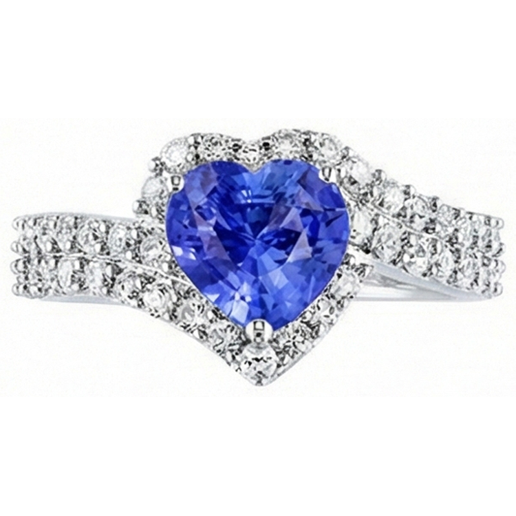 Bague Saphir Bleu Clair Halo Heart Double Tige Diamants 4 Carats