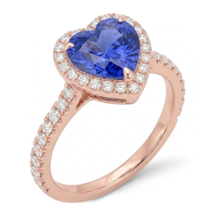 Bague Saphir Bleu Coeur Halo En Or Rose Avec Accents De Diamants 3 Carats
