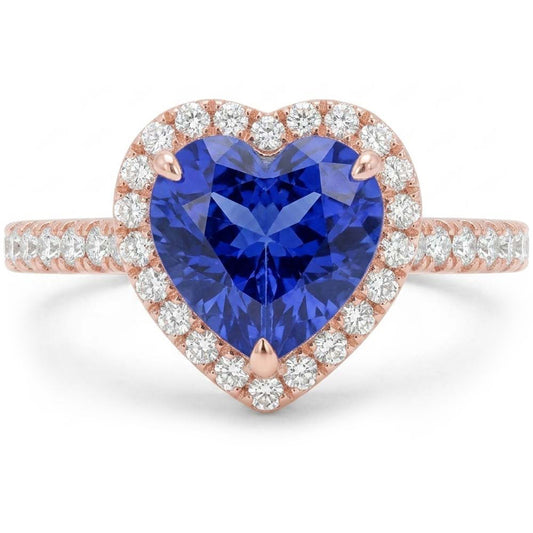 Bague Saphir Bleu Coeur Halo En Or Rose Avec Accents De Diamants 3 Carats
