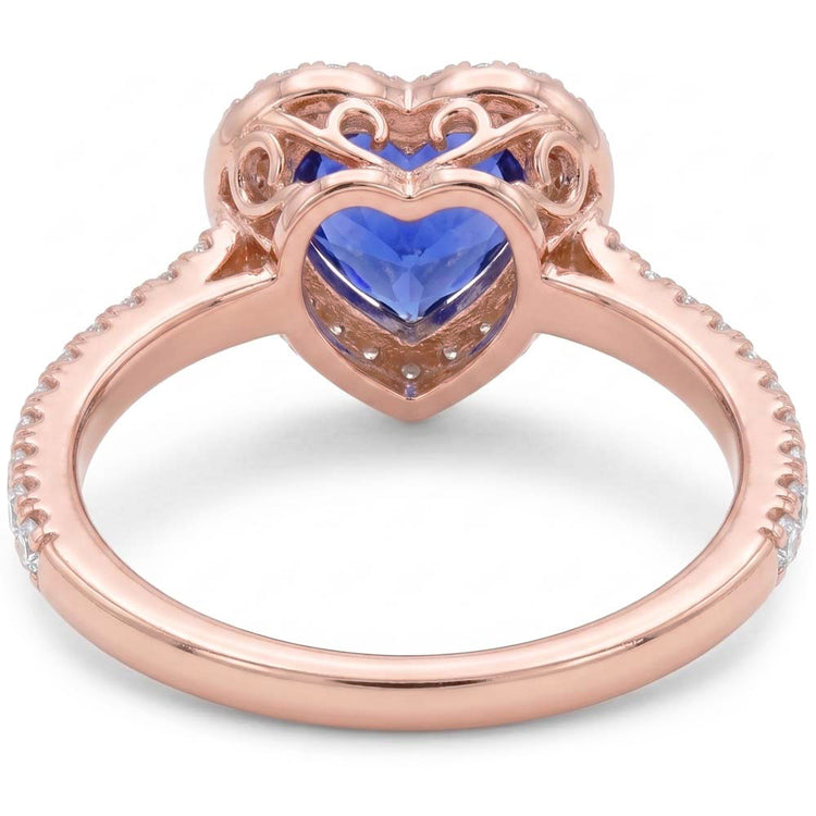 Bague Saphir Bleu Coeur Halo En Or Rose Avec Accents De Diamants 3 Carats