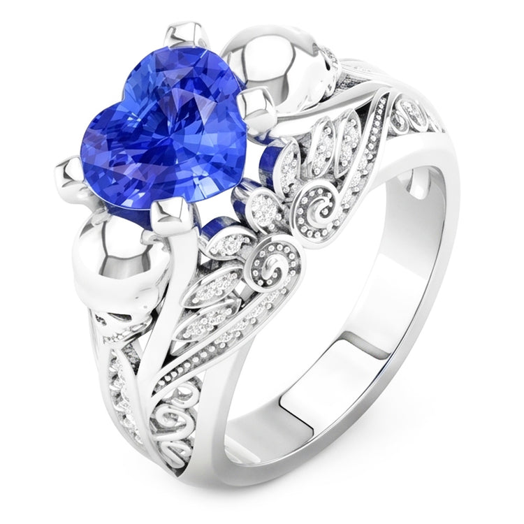 Bague Saphir Bleu Coeur Pierres Précieuses Style Antique Diamants 2 Carats