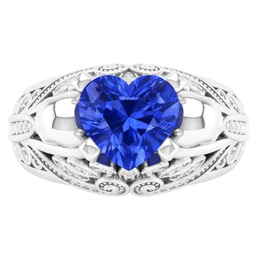 Bague Saphir Bleu Coeur Pierres Précieuses Style Antique Diamants 2 Carats