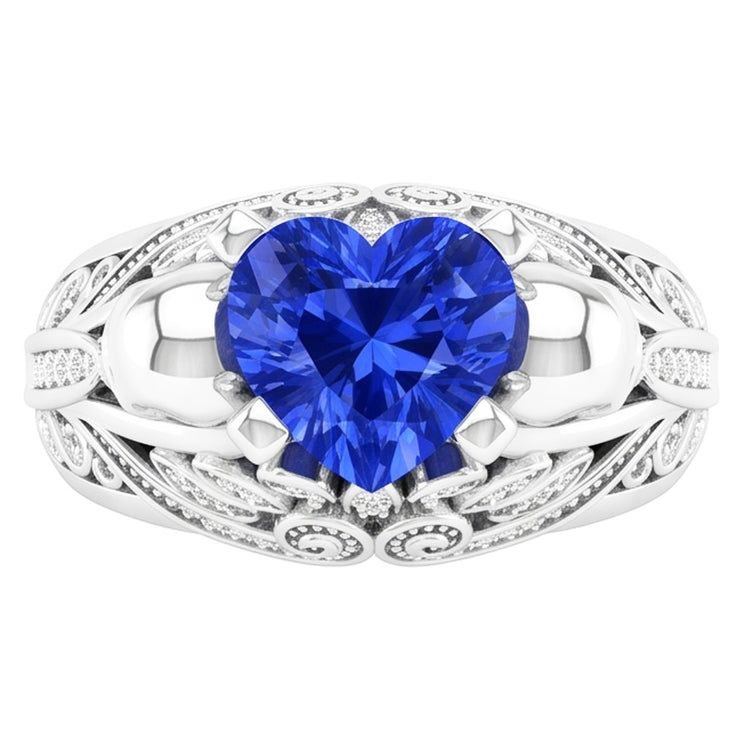 Bague Saphir Bleu Coeur Pierres Précieuses Style Antique Diamants 2 Carats