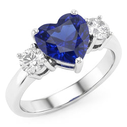 Bague Saphir Bleu Coeur Trois Pierres & Diamants Ronds 2.50 Carats