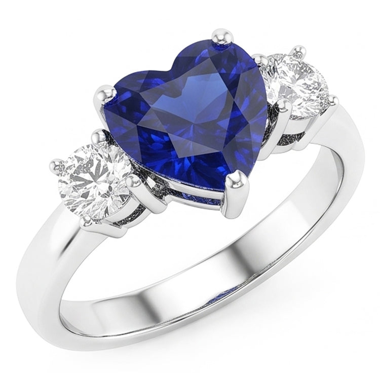 Bague Saphir Bleu Coeur Trois Pierres & Diamants Ronds 2.50 Carats