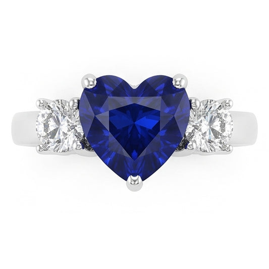 Bague Saphir Bleu Coeur Trois Pierres & Diamants Ronds 2.50 Carats