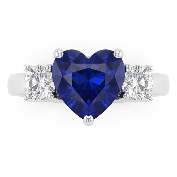 Bague Saphir Bleu Coeur Trois Pierres & Diamants Ronds 2.50 Carats
