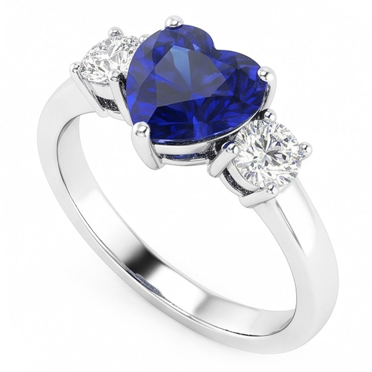 Bague Saphir Bleu Coeur Trois Pierres & Diamants Ronds 2.50 Carats