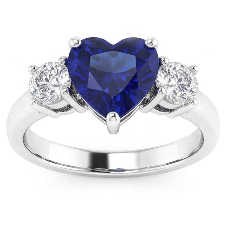 Bague Saphir Bleu Coeur Trois Pierres & Diamants Ronds 2.50 Carats
