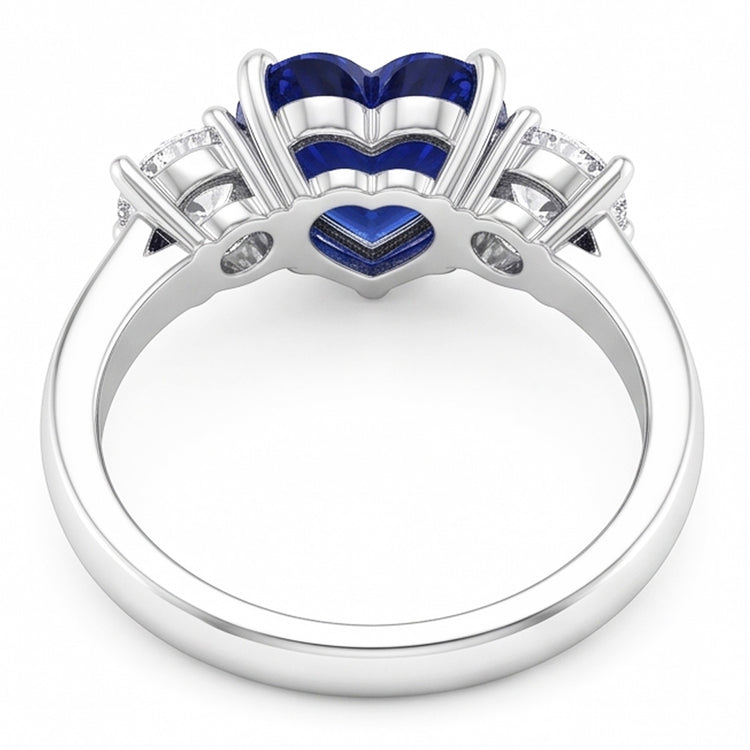 Bague Saphir Bleu Coeur Trois Pierres & Diamants Ronds 2.50 Carats