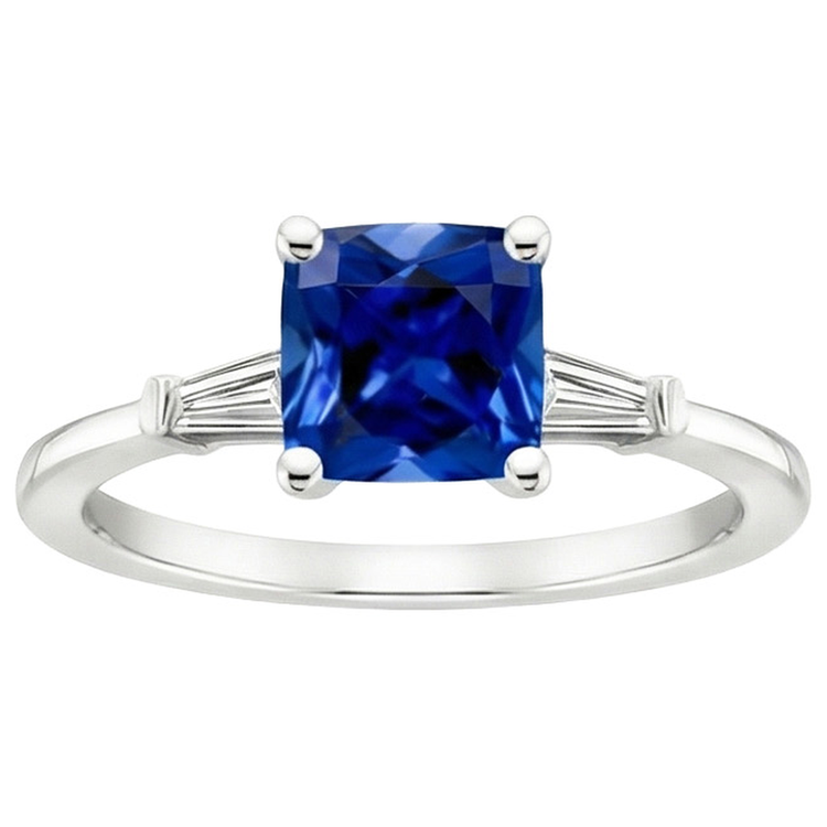 Bague Saphir Bleu Coussin & Diamants Naturels Extraits des Mines ( et non cultivés en laboratoire ) Baguette 3 Pierres 2.75 Carats Neuf