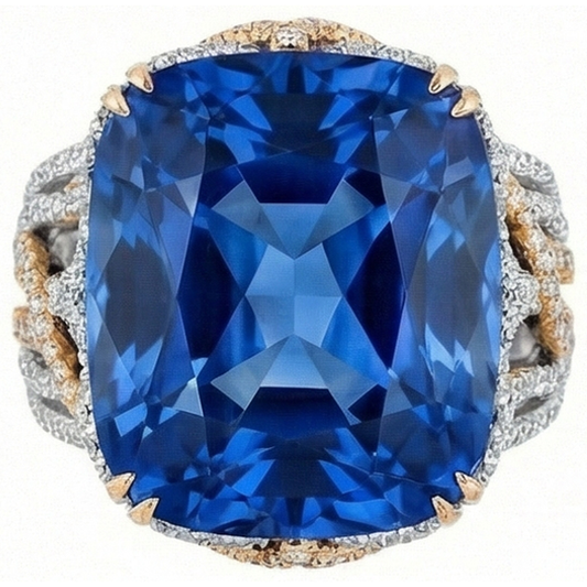 Bague Saphir Bleu De Ceylan Et Diamants Naturels Extraits des Mines ( et non cultivés en laboratoire ) 8.51 Ct Deux Tons