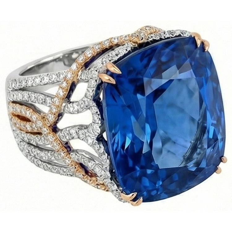 Bague Saphir Bleu De Ceylan Et Diamants Naturels Extraits des Mines ( et non cultivés en laboratoire ) 8.51 Ct Deux Tons