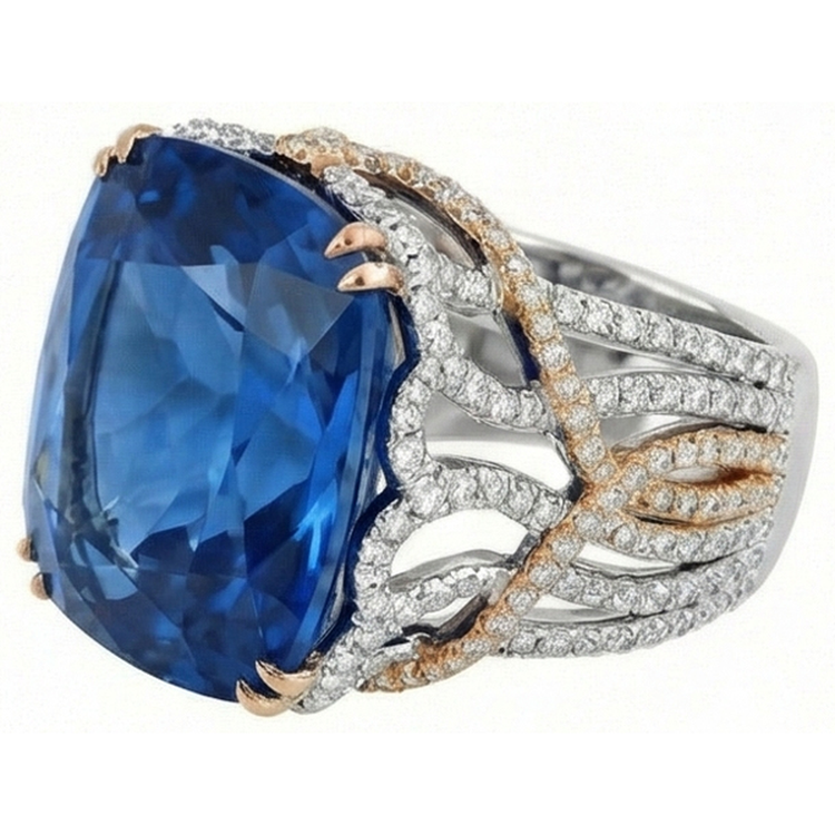 Bague Saphir Bleu De Ceylan Et Diamants Naturels Extraits des Mines ( et non cultivés en laboratoire ) 8.51 Ct Deux Tons