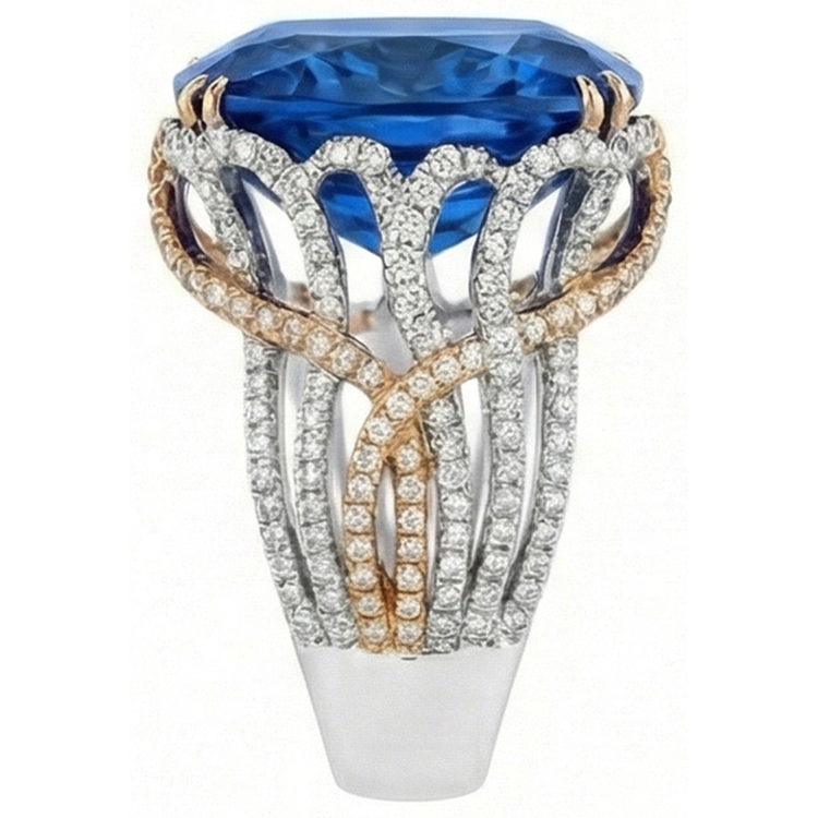 Bague Saphir Bleu De Ceylan Et Diamants Naturels Extraits des Mines ( et non cultivés en laboratoire ) 8.51 Ct Deux Tons