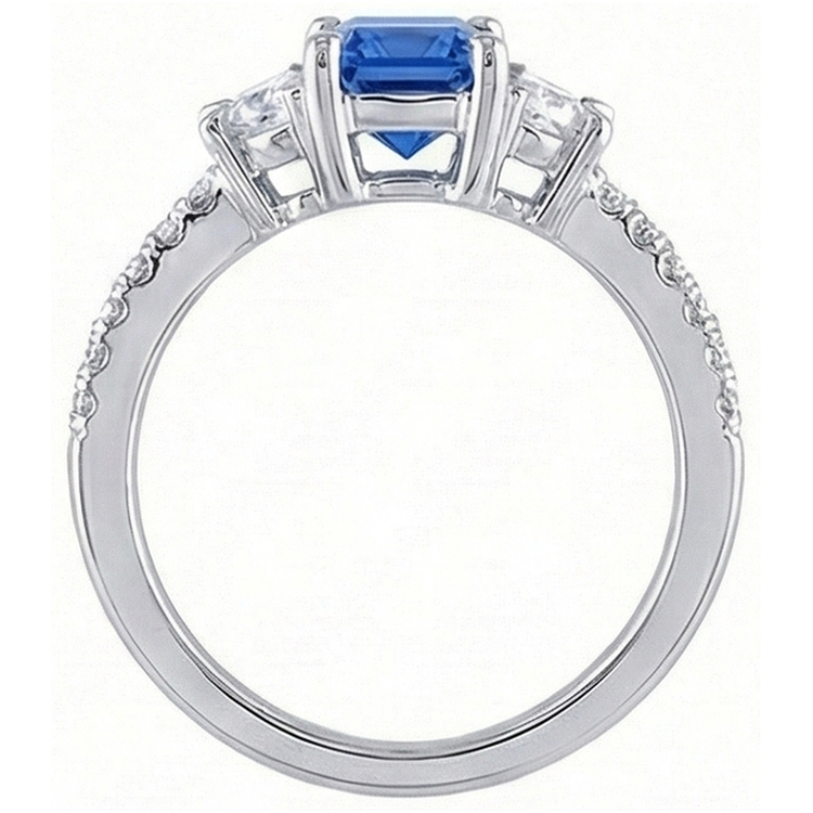 Bague Saphir Bleu Diamant Demi Lune 3 Pierres Avec Accents 3 Carats