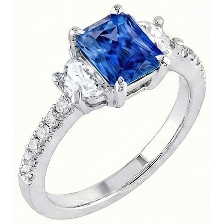 Bague Saphir Bleu Diamant Demi Lune 3 Pierres Avec Accents 3 Carats