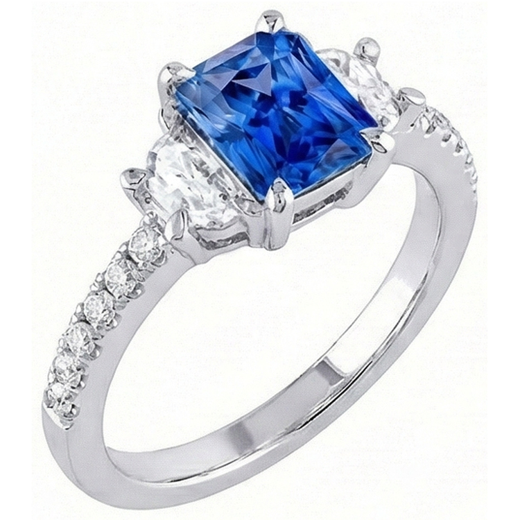 Bague Saphir Bleu Diamant Demi Lune 3 Pierres Avec Accents 3 Carats