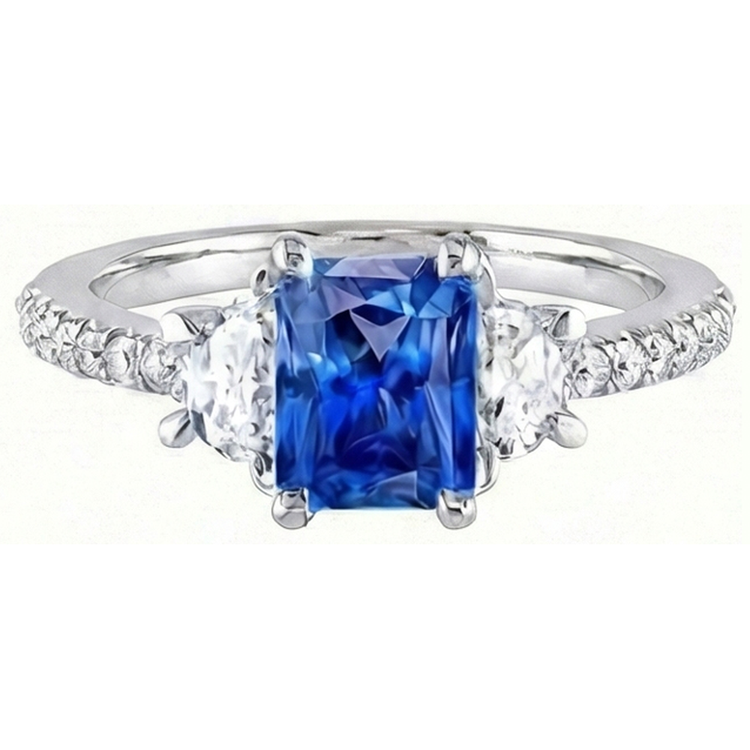 Bague Saphir Bleu Diamant Demi Lune 3 Pierres Avec Accents 3 Carats