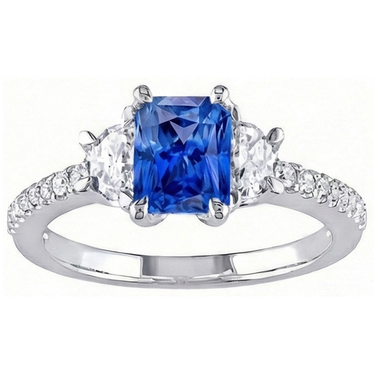 Bague Saphir Bleu Diamant Demi Lune 3 Pierres Avec Accents 3 Carats