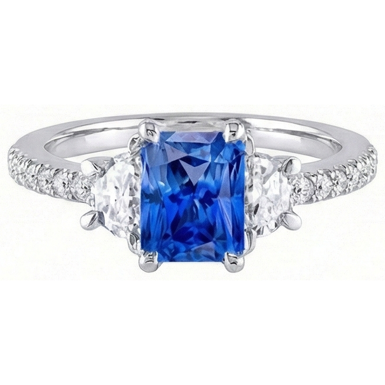 Bague Saphir Bleu Diamant Demi Lune 3 Pierres Avec Accents 3 Carats