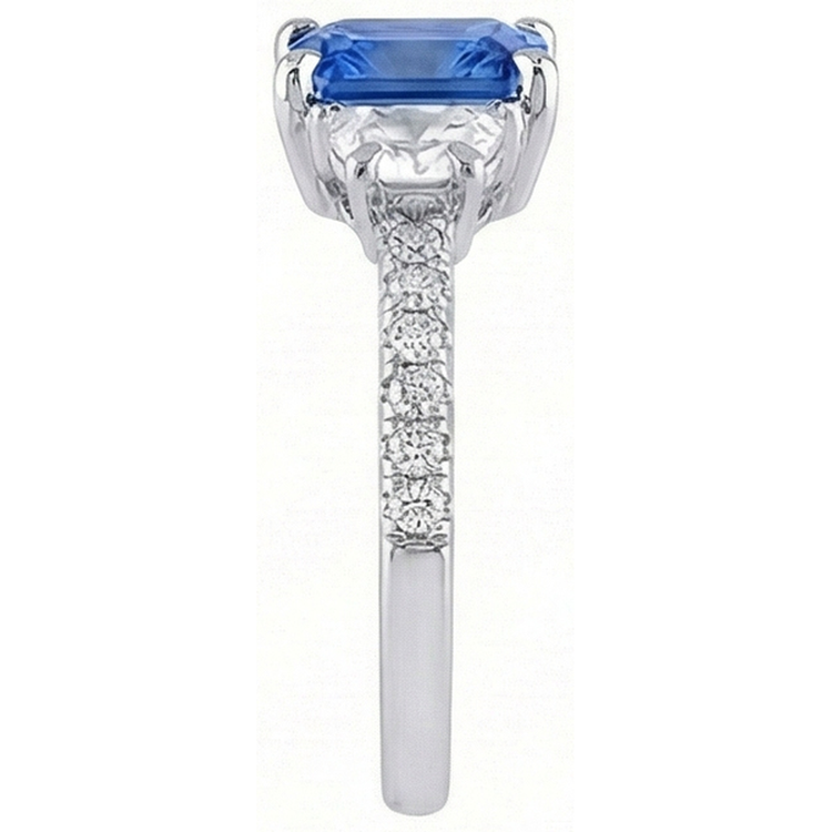 Bague Saphir Bleu Diamant Demi Lune 3 Pierres Avec Accents 3 Carats
