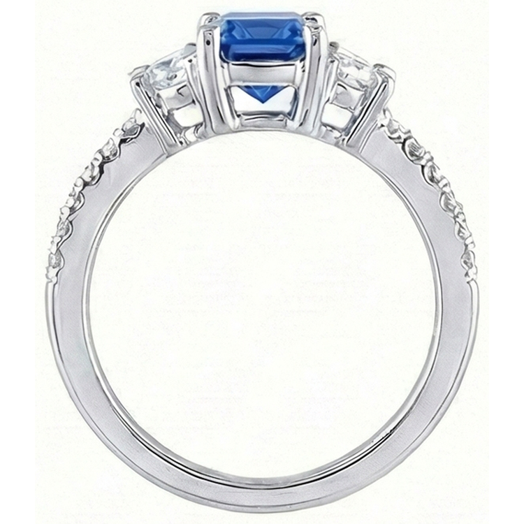 Bague Saphir Bleu Diamant Demi Lune 3 Pierres Avec Accents 3 Carats