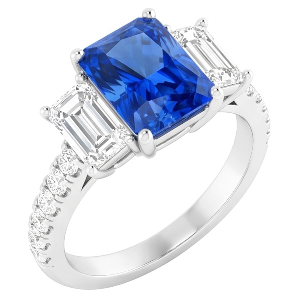 Bague Saphir Bleu Diamant Scintillant 3.50 Carats Pierres Émeraude Rondes