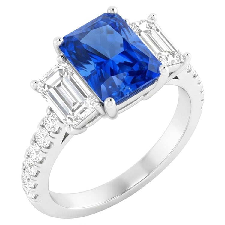 Bague Saphir Bleu Diamant Scintillant 3.50 Carats Pierres Émeraude Rondes