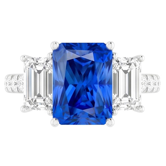 Bague Saphir Bleu Diamant Scintillant 3.50 Carats Pierres Émeraude Rondes