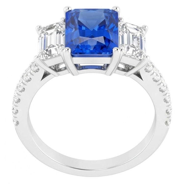 Bague Saphir Bleu Diamant Scintillant 3.50 Carats Pierres Émeraude Rondes