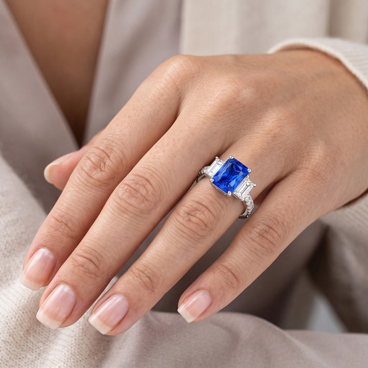 Bague Saphir Bleu Diamant Scintillant 3.50 Carats Pierres Émeraude Rondes