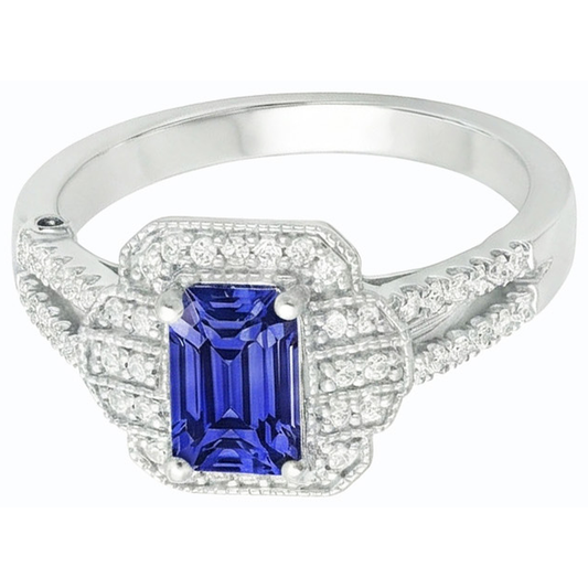 Bague Saphir Bleu Emeraude Diamant Halo Style Vintage Or 4 Carats