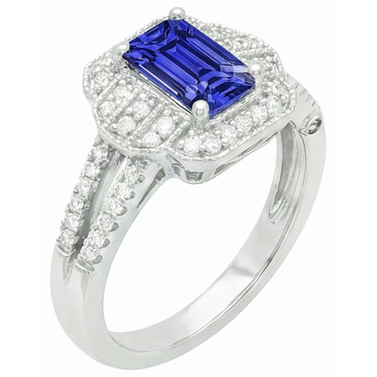 Bague Saphir Bleu Emeraude Diamant Halo Style Vintage Or 4 Carats