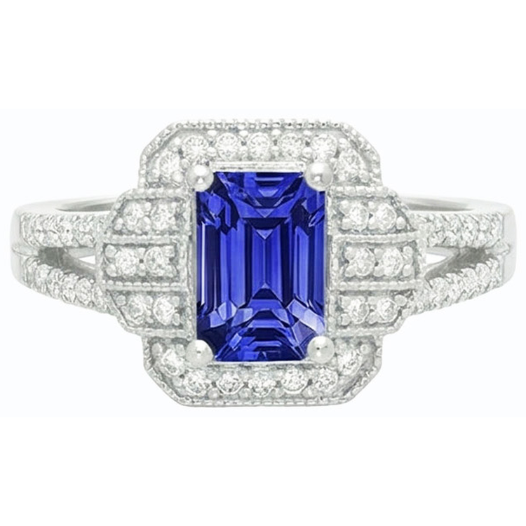 Bague Saphir Bleu Emeraude Diamant Halo Style Vintage Or 4 Carats