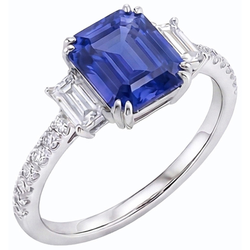 Bague Saphir Bleu Emeraude Trois Pierres & Serti Diamants 3 Carats