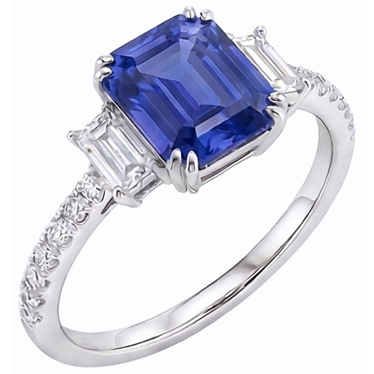 Bague Saphir Bleu Emeraude Trois Pierres & Serti Diamants 3 Carats