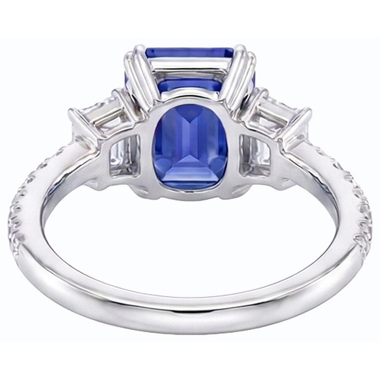 Bague Saphir Bleu Emeraude Trois Pierres & Serti Diamants 3 Carats