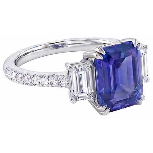 Bague Saphir Bleu Emeraude Trois Pierres & Serti Diamants 3 Carats